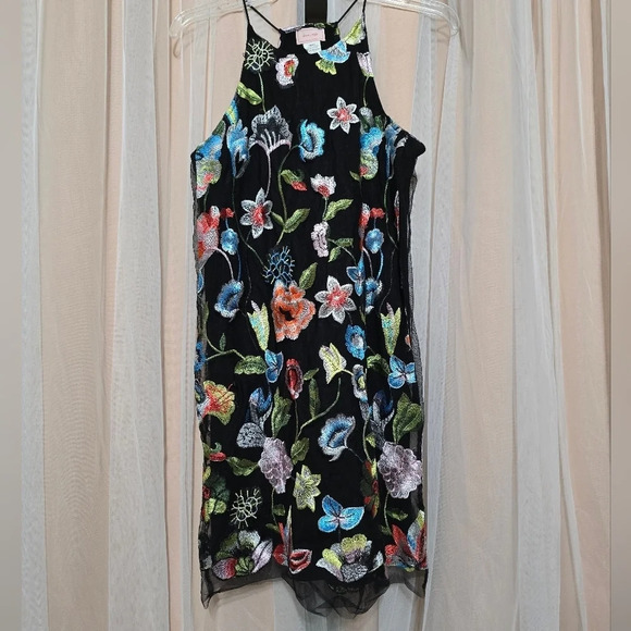 Love Ady Floral Embroidered Mini Shift Dress w/ Tulle Mesh Overlay, EUC! - Picture 1 of 14